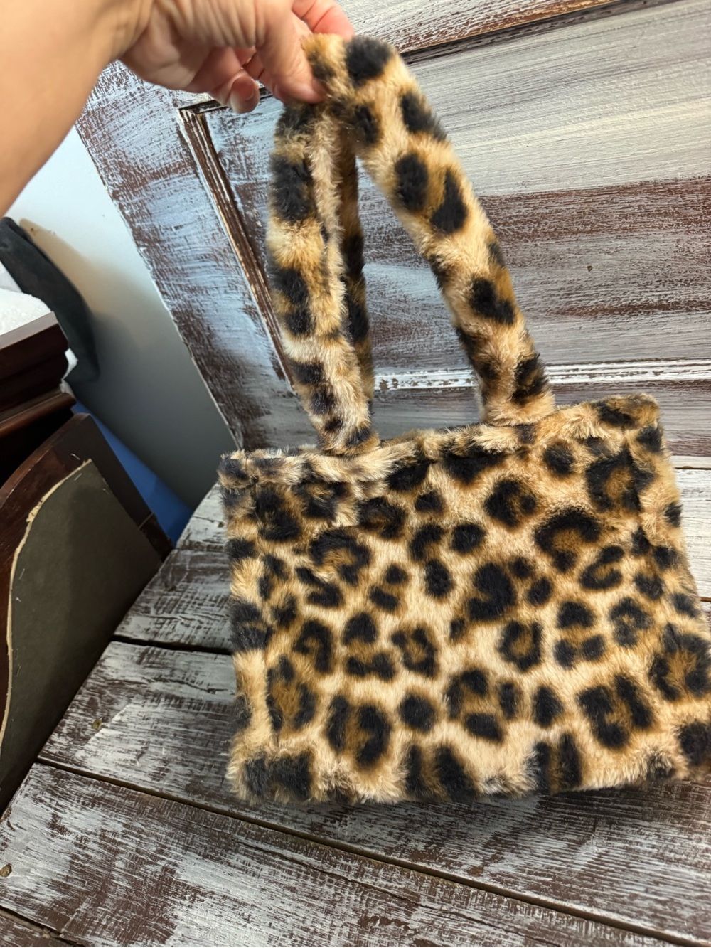 Leopard Print Faux Fur Mini Tote Bag - Tan/Black